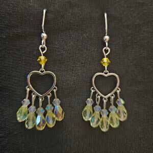 Silvertone heart and light yellow glass crystal chandelier earrings